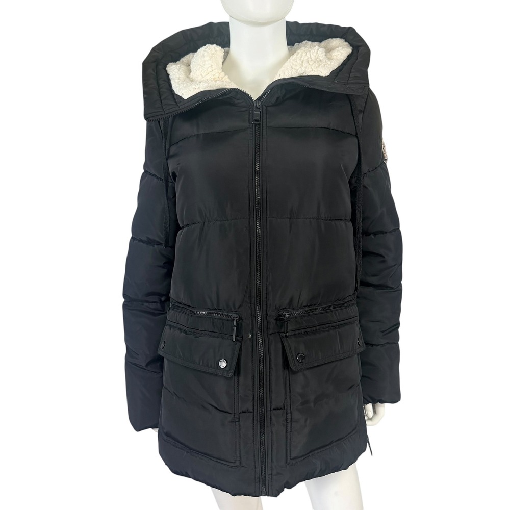 Madden NYC Faux Sherpa Lined Puffer Coat Black Hooded Winter Core Cozy Jacket S